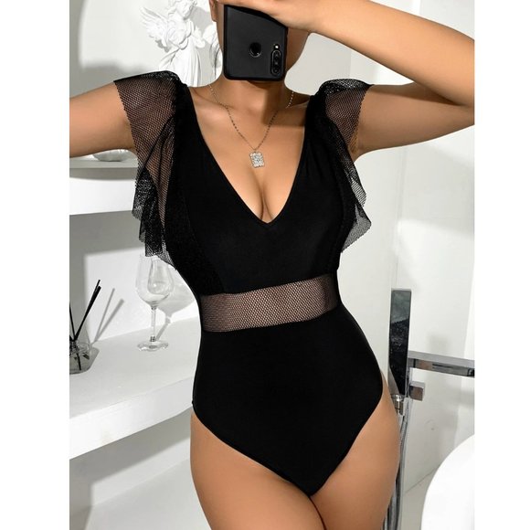 *Shein Black Contrast Mesh Ruffle One Piece Swimsuit - Picture 2 of 12
